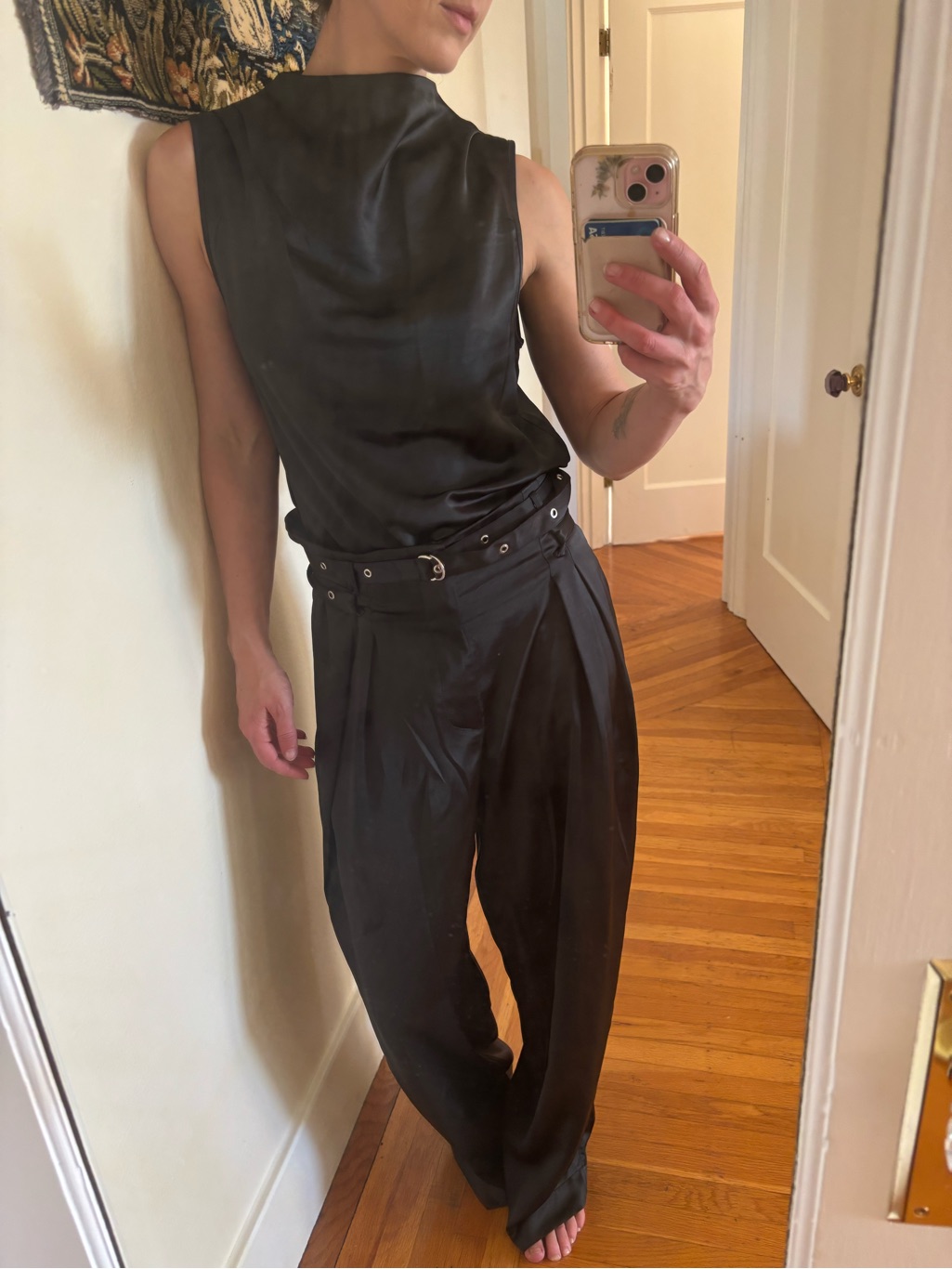 Noli Shop Womenâs High-Waisted Black Satin Wide-Leg Cargo Pants With Top Set